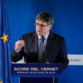 El expresidente de la Generalitat Carles Puigdemont interviene en Perpinyà (Francia).