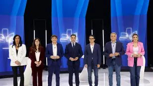 Los candidatos a lehendakari (i-d) por Vox, Amaia Martínez, por Podemos, Miren Gorrotxategi, por el PSE-PSOE, Eneko Andueza, por el PNV, Imanol Pradales, por EH-Bildu, Pello Otxandiano, por el PP, Javier de Andrés, y por Sumar, Alba García.