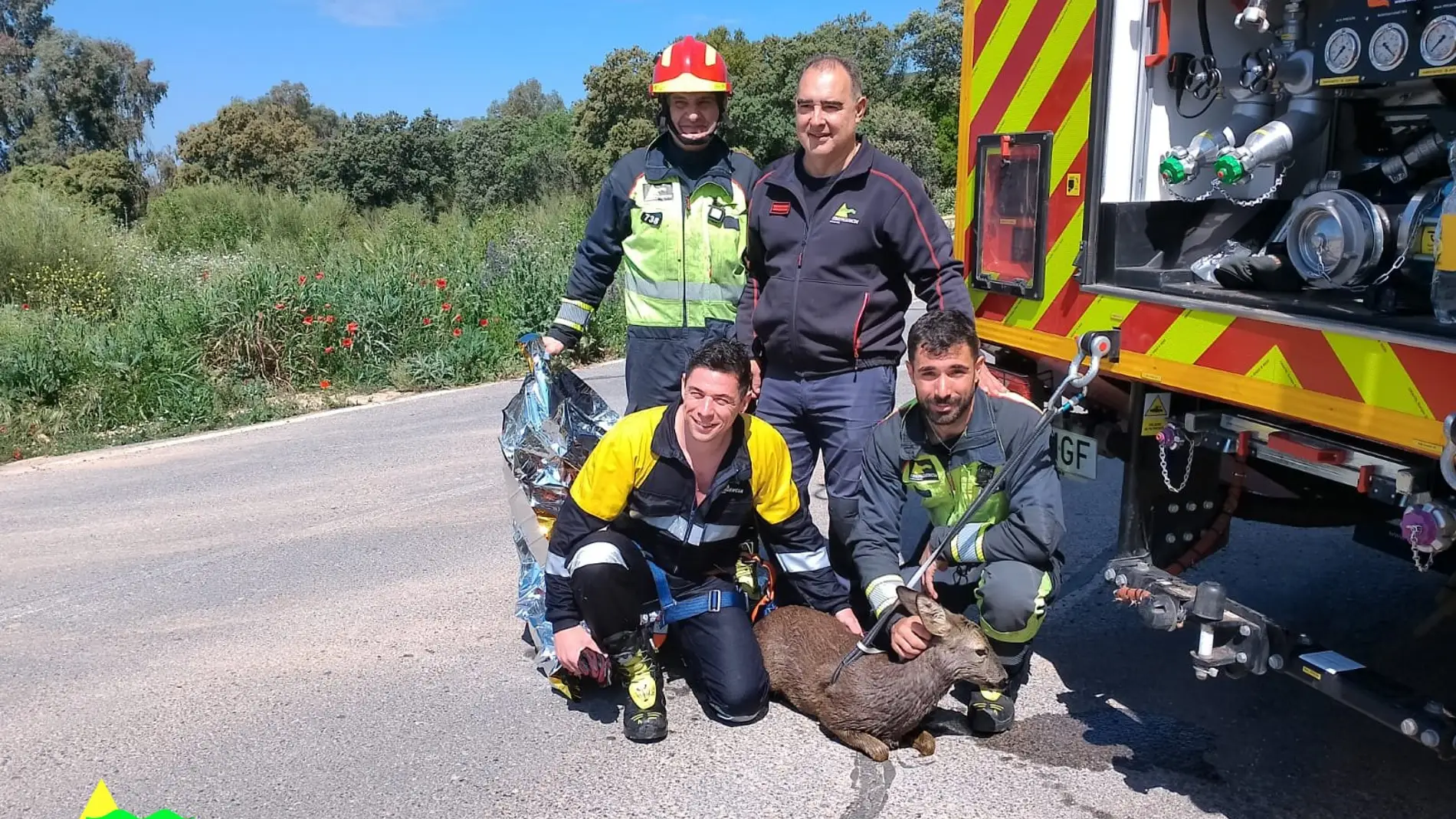 Los bomberos con el corzo rescatado