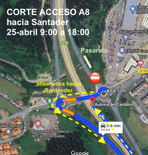 El acceso a la autovía A-8 de Brazomar se cortará al tráfico por la instalación de la pasarela del carril bici en Castro Urdiales El acceso a la autovía A-8 de Brazomar se cortará al tráfico por la instalación de la pasarela del carril bici en Castro Urdiales