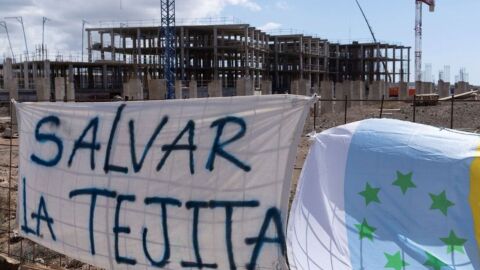 Pancarta de protesta contra la construcci&oacute;n del hotel en La Tejita