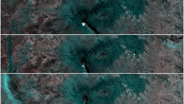 Imágenes en falso color de la erupción del volcán Popocatepetl en Puebla, México, obtenidas con ALISIO-1 los días 1, 2 y 3 de marzo de 2024 