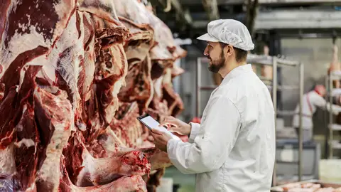 Un veterinario pasando un control alimentario a una carne Un veterinario pasando un control alimentario a una carne