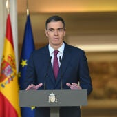 El presidente del Gobierno, Pedro Sánchez, durante su comparecencia institucional en La Moncloa