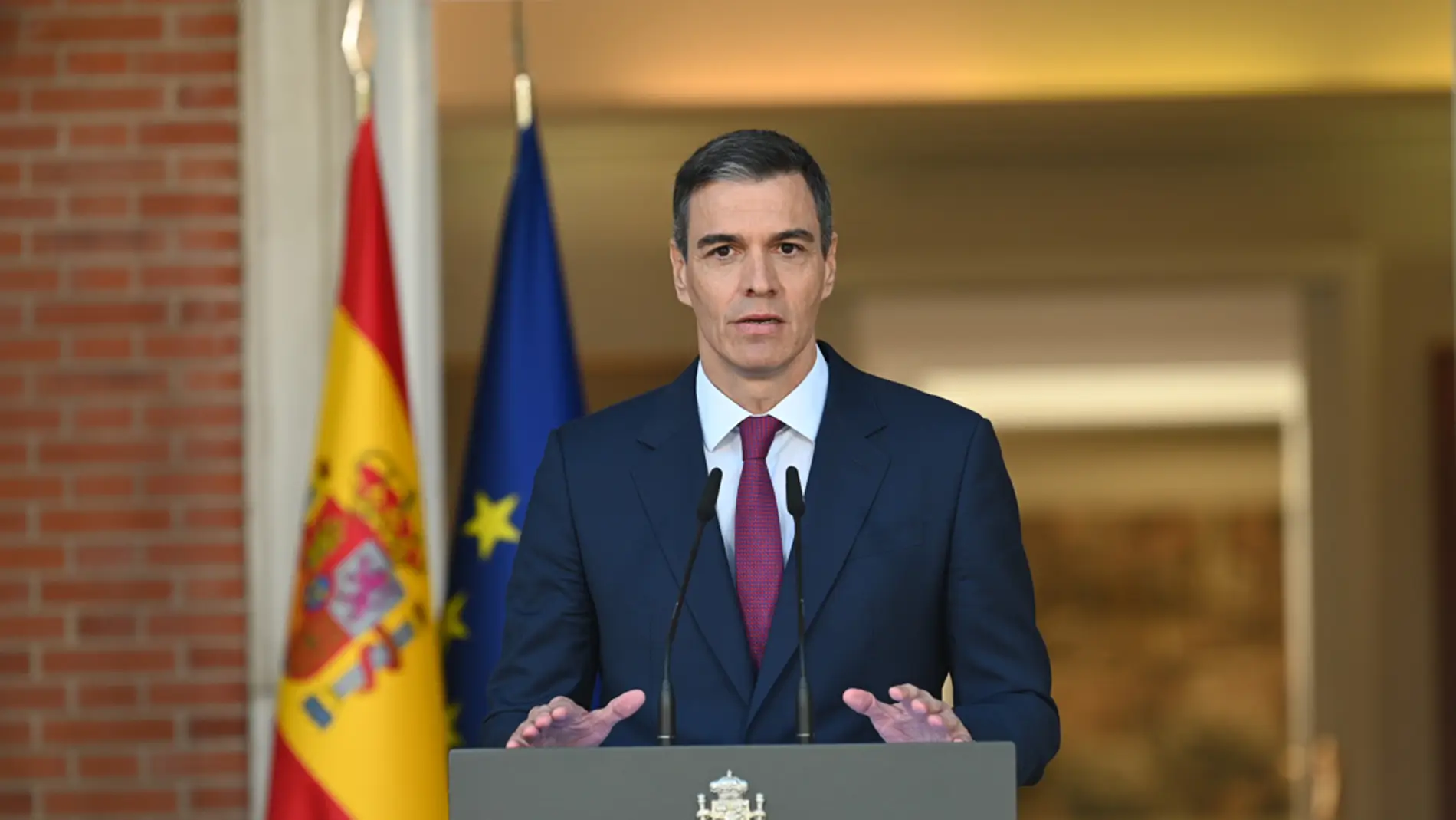 El presidente del Gobierno, Pedro Sánchez, durante su comparecencia institucional en La Moncloa/ EFE/Moncloa/Borja Puig de la Bellacasa