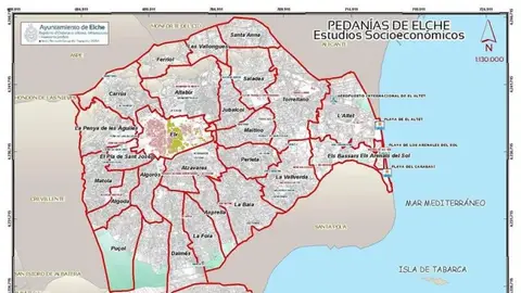 Mapa de las pedanías de Elche. Mapa de las pedanías de Elche.