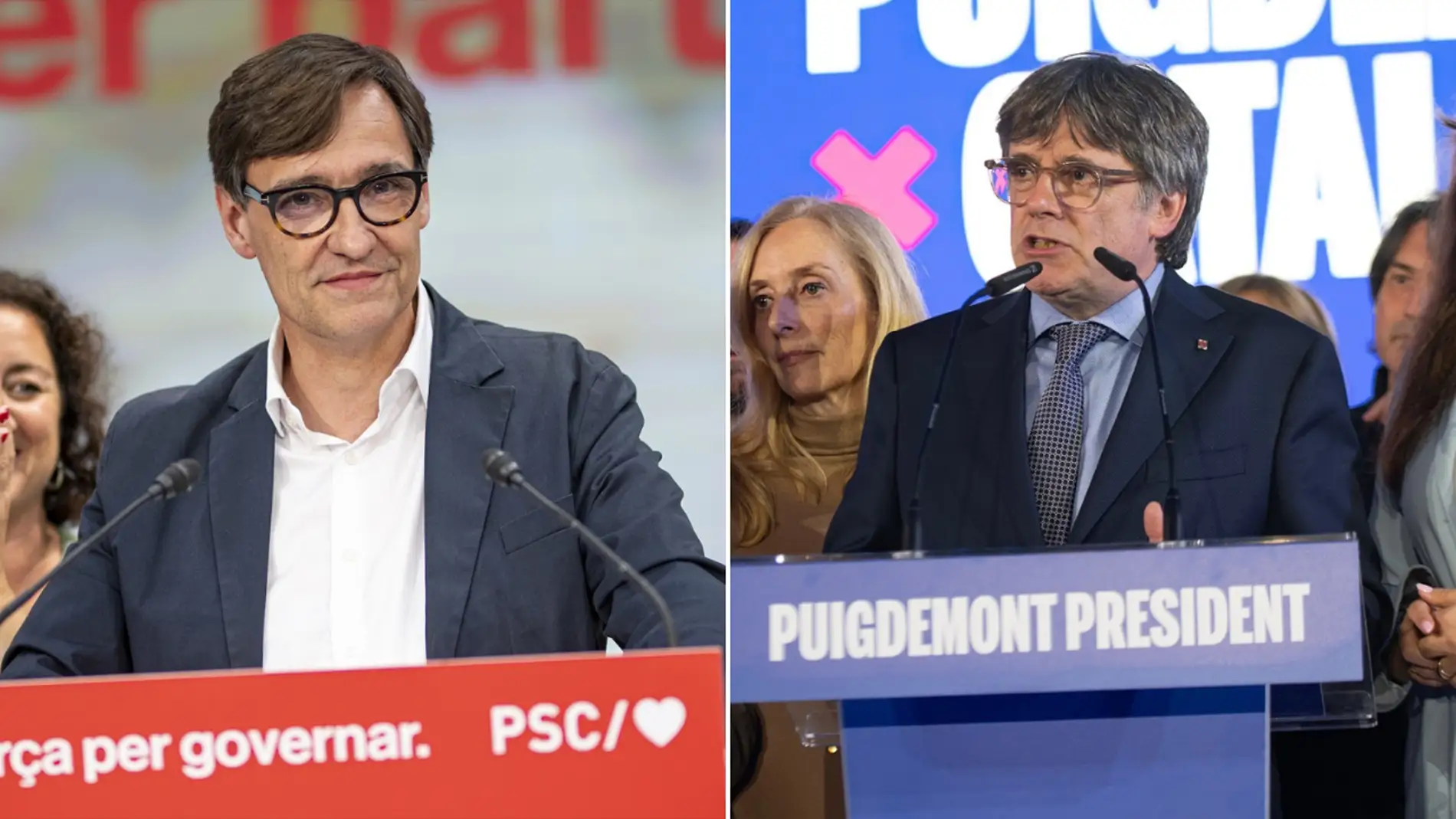 Salcador Illa, candidato del PSC, y Carles Puigdemont, candidato de Junts Salcador Illa, candidato del PSC, y Carles Puigdemont, candidato de Junts