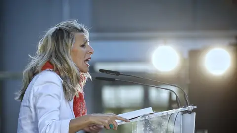 Imagen de Yolanda Díaz en un acto de SUMAR Yolanda Díaz llama al empresariado a "volver" a defender la democracia tras el encuentro con Milei