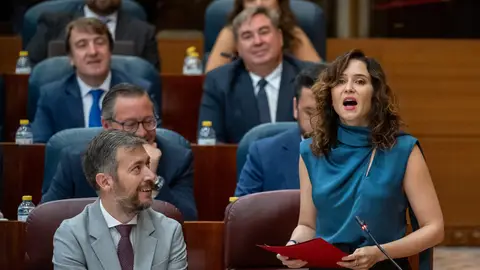 La presidenta de la Comunidad, Isabel Díaz Ayuso, interviene durante el pleno de la Asamblea de Madrid este jueves Ayuso dice que la izquierda quiere hacer con Hamás lo mismo que con ETA: "Tú mata, que yo te daré un Estado"