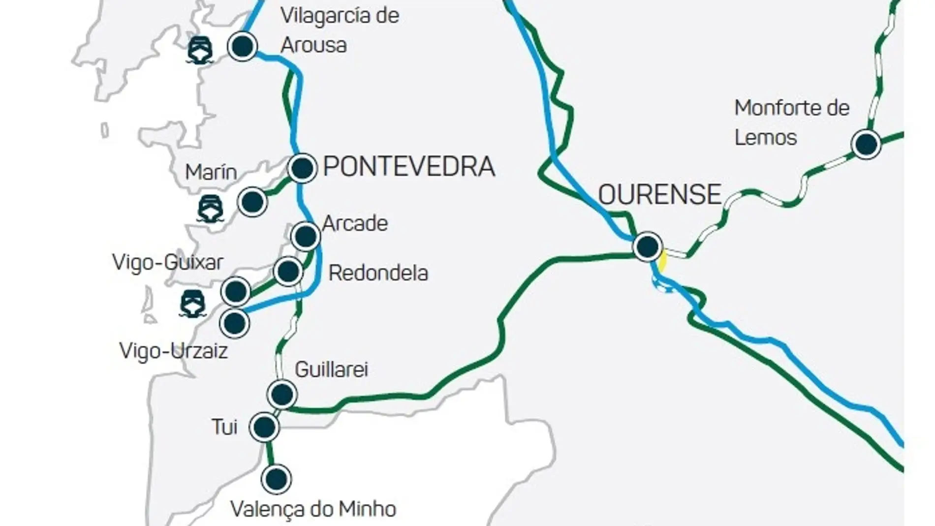 Plano trazado ferroviario provincia de Pontevedra