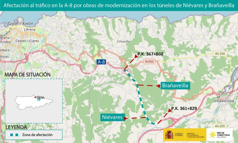 Afecciones al tráfico por obras en túneles de la A8 y la A64 entre Gijón y Villaviciosa Afecciones al tráfico por obras en túneles de la A8 y la A64 entre Gijón y Villaviciosa