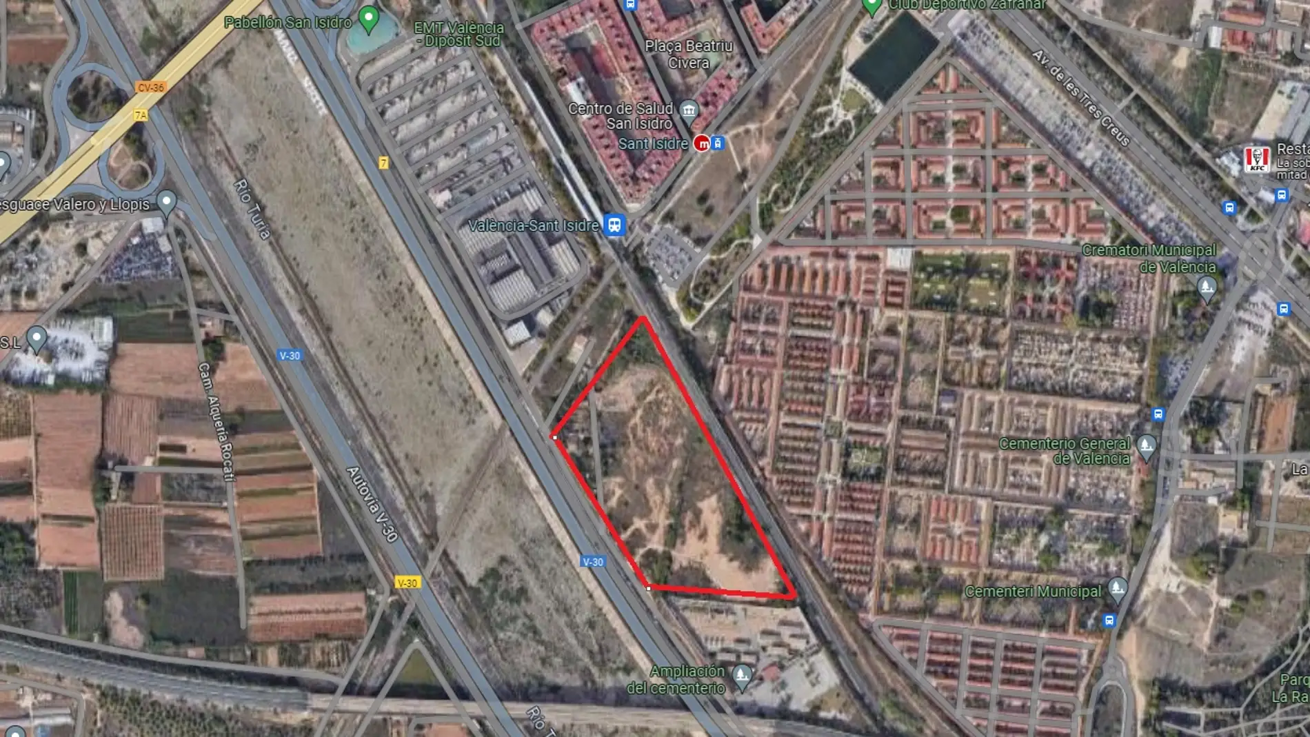 Marcados en rojo, los terrenos donde se ubicará la nueva cochera