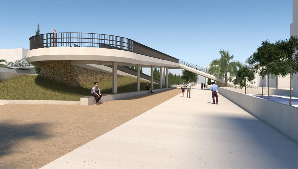 Diseño de uno de los accesos a la pasarela peatonal que se va a construir en Elche. Diseño de uno de los accesos a la pasarela peatonal que se va a construir en Elche.