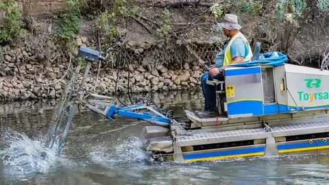 El barco anfibio de Torrejón de Ardoz vuelve al Henares para reducir la presencia de mosquitos y mosca negra este verano Barco anfibio de Torrejón de Ardoz en el río Henares