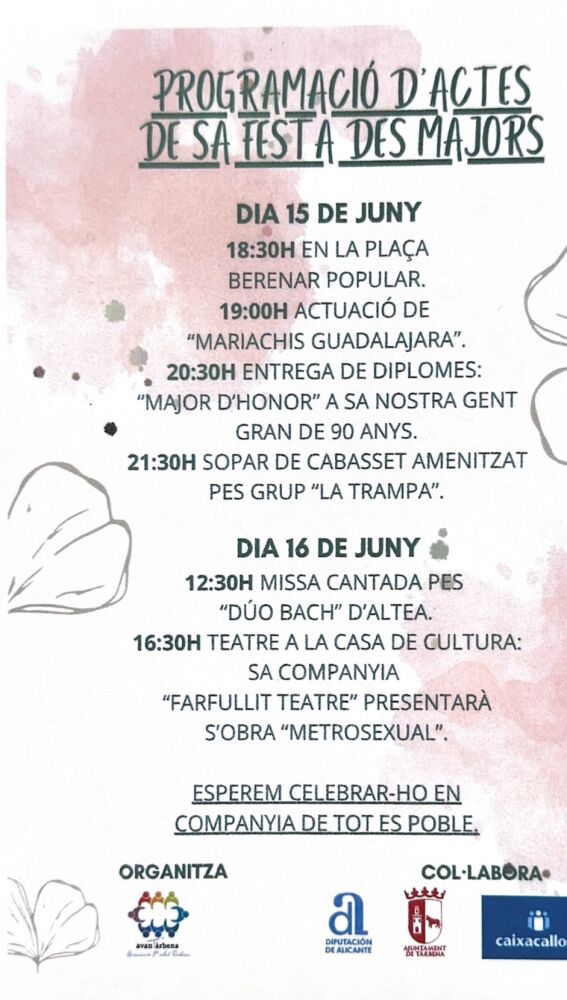 programa Festa des Majors de Tàrbena