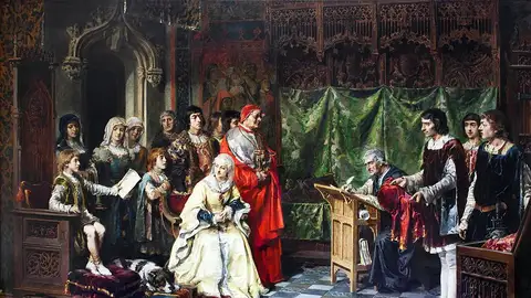 El lienzo representa a la reina Isabel la Católica y al cardenal Cisneros, entre otros personajes, educando al príncipe Juan de Aragón, hijo de los Reyes Católicos y heredero de las coronas de Aragón y Castilla hasta su defunción en 1497. El lienzo representa a la reina Isabel la Católica y al cardenal Cisneros, entre otros personajes, educando al príncipe Juan de Aragón, hijo de los Reyes Católicos y heredero de las coronas de Aragón y Castilla hasta su defunción en 1497.