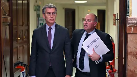 El líder del PP Alberto Núñez Feijóo, y el portavoz Miguel Tellado, durante el pleno que se celebra este jueves en el Congreso. El líder del PP Alberto Núñez Feijóo, y el portavoz Miguel Tellado, durante el pleno que se celebra este jueves en el Congreso./ EFE/ Fernando Villar
