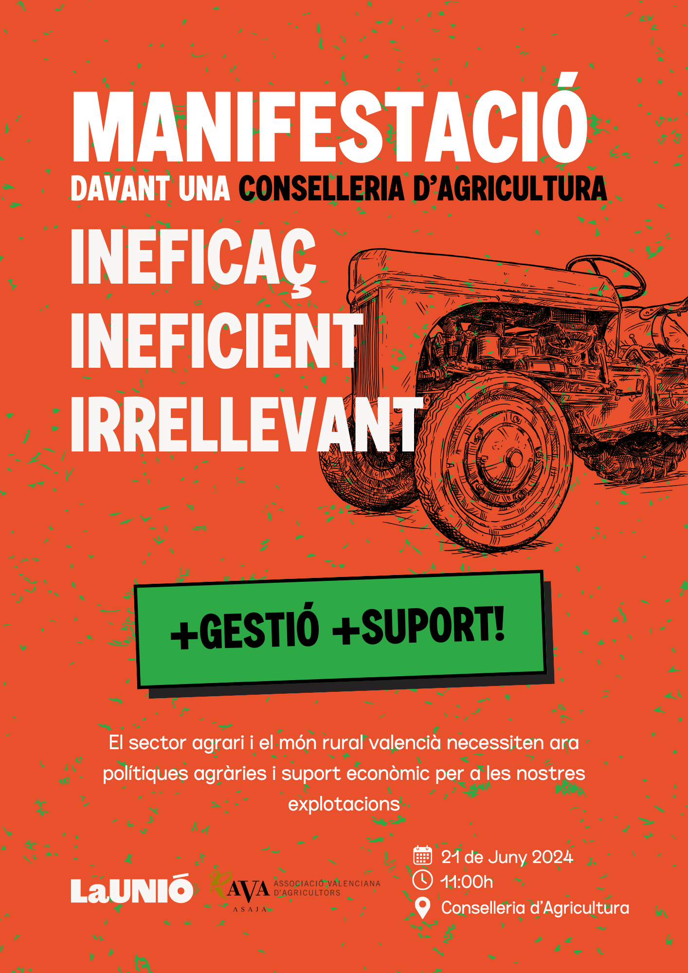 UNIÓ y AVA convocan manifestación conjunta el 21 de junio ante la Conselleria de Agricultura UNIÓ y AVA convocan manifestación conjunta el 21 de junio ante la Conselleria de Agricultura