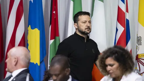 Imagen de Zelenski durante la Cumbre de Paz en Suiza La Cumbre por la Paz en Ucrania cierra con una declaración conjunta no firmada por doce países
