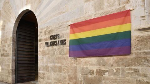 Archivo - Bandera arco&iacute;ris en la fachada de Les Corts - 