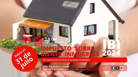 El plazo de pago del IBI urbano y rústico finaliza el 31 de julio en toda la provincia, salvo en Badajoz capital El plazo de pago del IBI urbano y rústico finaliza el 31 de julio en toda la provincia, salvo en Badajoz capital
