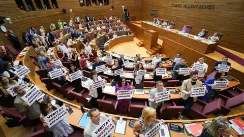 PP y Vox aprueban en Les Corts su Ley de Concordia frente a carteles de la oposición de "verdad, justicia y reparación". - PP y Vox aprueban en Les Corts su Ley de Concordia frente a carteles de la oposición de "verdad, justicia y reparación". -