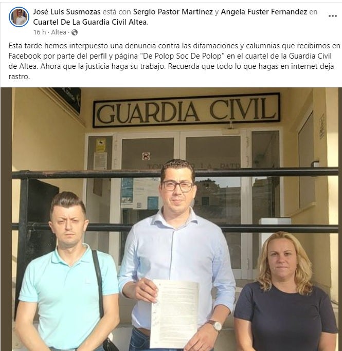 El alcalde popular de Polop, primer alcalde de la Marina Baixa en denunciar un perfil de facebook por un montaje que le atribuye cantar el Cara al Sol en unas fiestas El alcalde popular de Polop, primer alcalde de la Marina Baixa en denunciar un perfil de facebook por un montaje que le atribuye cantar el Cara al Sol en unas fiestas