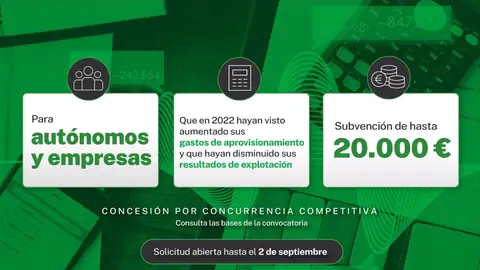 Las empresas y autónomos podrán solicitar hasta el 2 de septiembre las ayudas para compensar los efectos de la inflación Las empresas y autónomos podrán solicitar hasta el 2 de septiembre las ayudas para compensar los efectos de la inflación