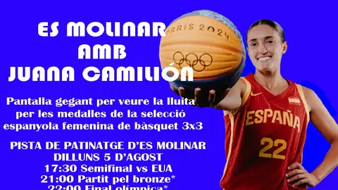 Pantalla gigante en la pista de patinaje del Molinar de Palma para seguir a la mallorquina Juana Camilión buscar una medalla en baloncesto 3x3 Pantalla gigante en la pista de patinaje del Molinar de Palma para seguir a la mallorquina Juana Camilión buscar una medalla en baloncesto 3x3