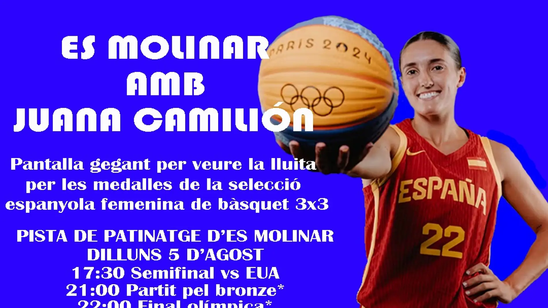 Pantalla gigante en la pista de patinaje del Molinar de Palma para seguir a la mallorquina Juana Camilión buscar una medalla en baloncesto 3x3 Pantalla gigante en la pista de patinaje del Molinar de Palma para seguir a la mallorquina Juana Camilión buscar una medalla en baloncesto 3x3