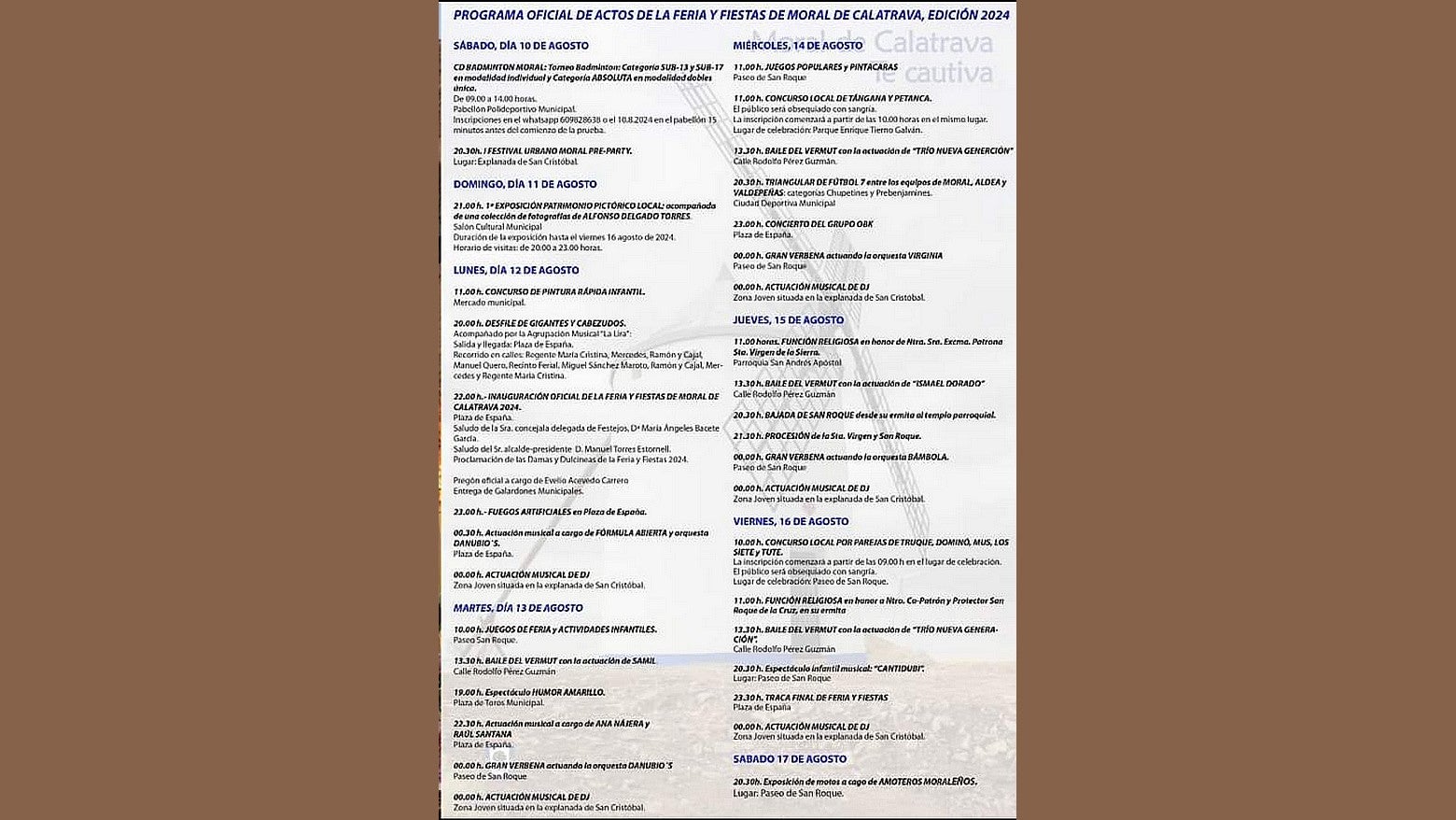 Moral de Calatrava vivirá sus Feria y Fiestas Patronales Moral de Calatrava vivirá sus Feria y Fiestas Patronales
