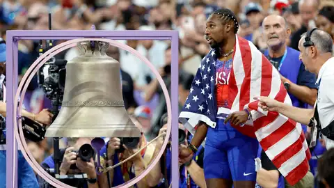 Noah Lyles hace sonar la campana tras ganar la prueba de los 100 metros en los JJOO de París 2024. Noah Lyles hace sonar la campana tras ganar la prueba de los 100 metros en los JJOO de París 2024.