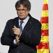 Puigdemont en su intervención hoy en Barcelona, antes de volver a desaparecer