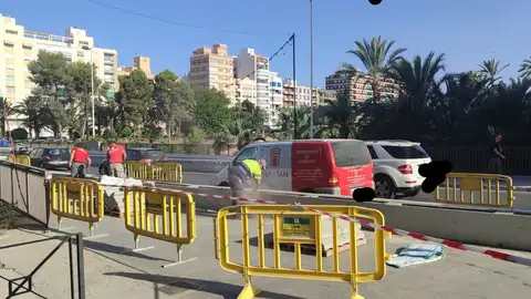Trabajadores en la tarea de recuperación de las jardineras del puente de Altamira de Elche. Trabajadores en la tarea de recuperación de las jardineras del puente de Altamira de Elche.