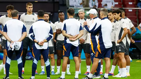 El entrenador del Real Madrid, el italiano Carlo Ancelotti (5d), da instrucciones a sus jugadores en el entrenamiento del equipo este martes en Varsovia, en la víspera del partido de la Supercopa de Europa de fútbol que enfrenta a su equipo con el Atalanta. EFE/ Mariscal El entrenador del Real Madrid, el italiano Carlo Ancelotti (5d), da instrucciones a sus jugadores en el entrenamiento del equipo este martes en Varsovia, en la víspera del partido de la Supercopa de Europa de fútbol que enfrenta a su equipo con el Atalanta. EFE/ Mariscal