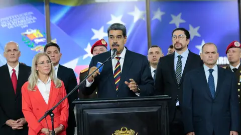 Nicolás Rueda, en una comparecencia pública tras las elecciones en Venezuela. Nicolás Rueda, en una comparecencia pública tras las elecciones en Venezuela.