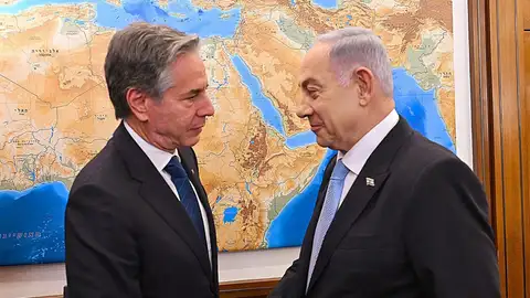 Imagen cedida por el Gobierno de Israel del primer ministro israelí, Benjamín Netanyahu, y del secretario de Estado estadounidense, Antony Blinken. Imagen cedida por el Gobierno de Israel del primer ministro israelí, Benjamín Netanyahu, y del secretario de Estado estadounidense, Antony Blinken.