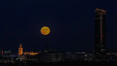 La luna de Esturión sale por detrás de la Giralda y la Catedral a 01 de agosto del 2023 en Sevilla. La luna de Esturión sale por detrás de la Giralda y la Catedral a 01 de agosto del 2023 en Sevilla.