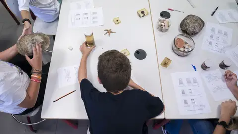 Un niño en una mesa de un aula con distinto material escolar Un niño en una mesa de un aula con distinto material escolar