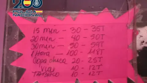 Cartel con las tarifas de los servicios sexuales Cartel con las tarifas de los servicios sexuales