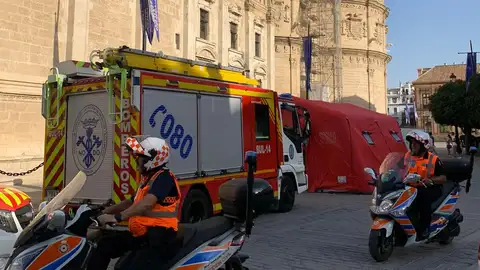 Efectivos realizando el simulacro en las inmediaciones de la Catedral y el Archivo de Indias. Charo González-Moya / ONDA CERO Efectivos realizando el simulacro en la Catedral de Sevilla. Charo González-Moya / ONDA CERO
