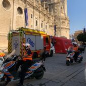 Efectivos realizando el simulacro en las inmediaciones de la Catedral y el Archivo de Indias. Charo González-Moya / ONDA CERO