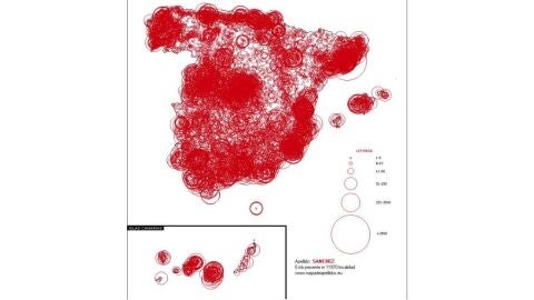 Comprueba en este mapa cuál es el origen de tu apellido y cuántos hay en España