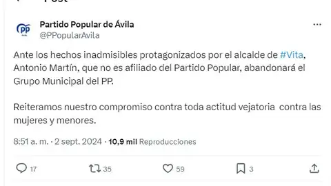 El PP de Ávila expulsa al alcalde de Vita por cantar una canción con letra pederasta El PP de Ávila expulsa al alcalde de Vita por cantar una canción con letra pederasta