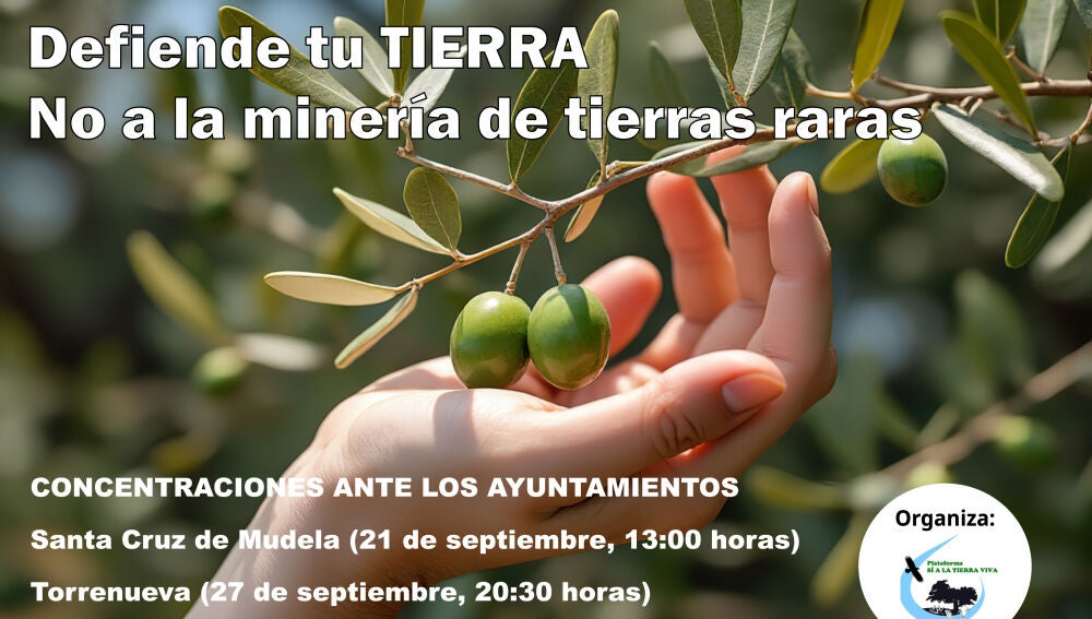Cartel convocatoria concentraciones contra proyecto Neodimio en Santa Cruz de Mudela, Torrenueva y Valdepeñas