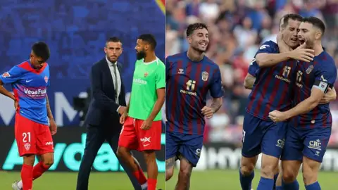 A la izquierda, Nico Castro se marcha cabizbajo de La Romareda; a la derecha, el Eldense celebra el gol del triunfo ante el Almería. A la izquierda, Nico Castro se marcha cabizbajo de La Romareda; a la derecha, el Eldense celebra el gol del triunfo ante el Almería.