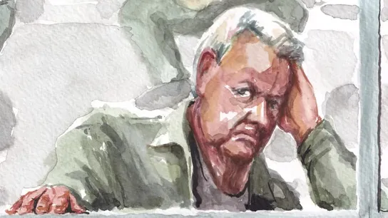 Dominique Pelicot en un croquis de una se las sesiones del juicio Dominique Pelicot en un croquis de una se las sesiones del juicio/ Reuters