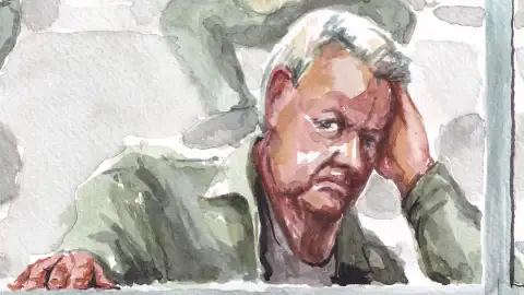 Dominique Pelicot en un croquis de una se las sesiones del juicio Dominique Pelicot en un croquis de una se las sesiones del juicio/ Reuters