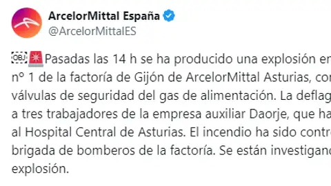 Explosión en la planta de ArcelorMittal en Gijón Explosión en la planta de ArcelorMittal en Gijón
