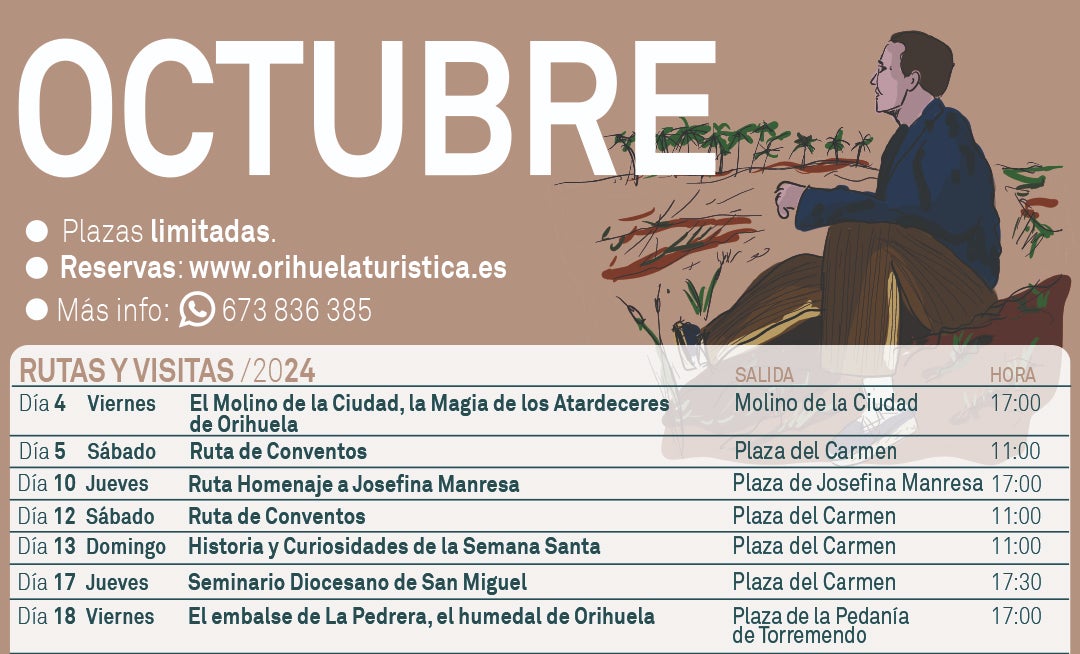 Rutas turísticas de Semana Santa, Miguel Hernández y naturaleza en Orihuela este octubre Rutas turísticas de Semana Santa, Miguel Hernández y naturaleza en Orihuela este octubre